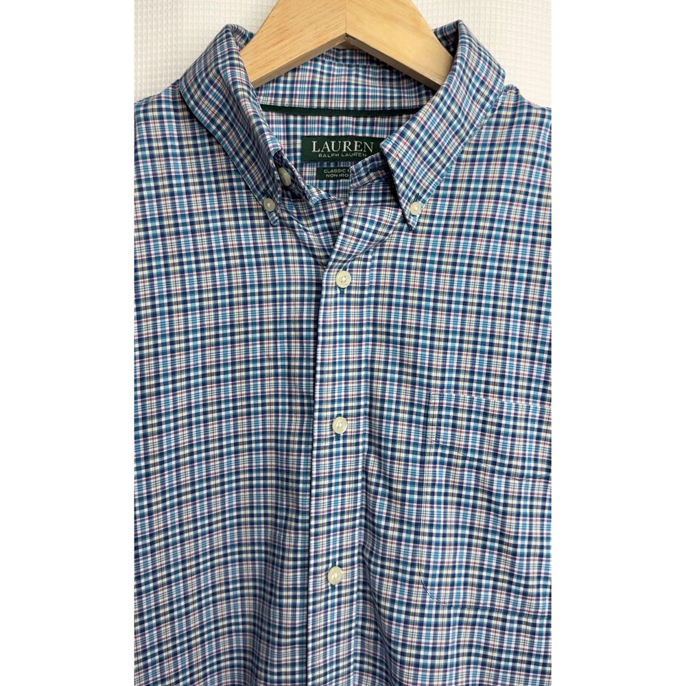 Lauren Ralph Lauren Mens Plaid Non Iron Button Down Shirt Blue Plaid 16.5 32/33
